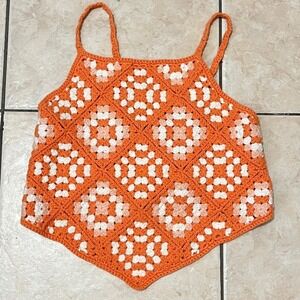 Forever 21 Crochet Granny Square Crop Top XS Handkerchief Backless Festival Boho